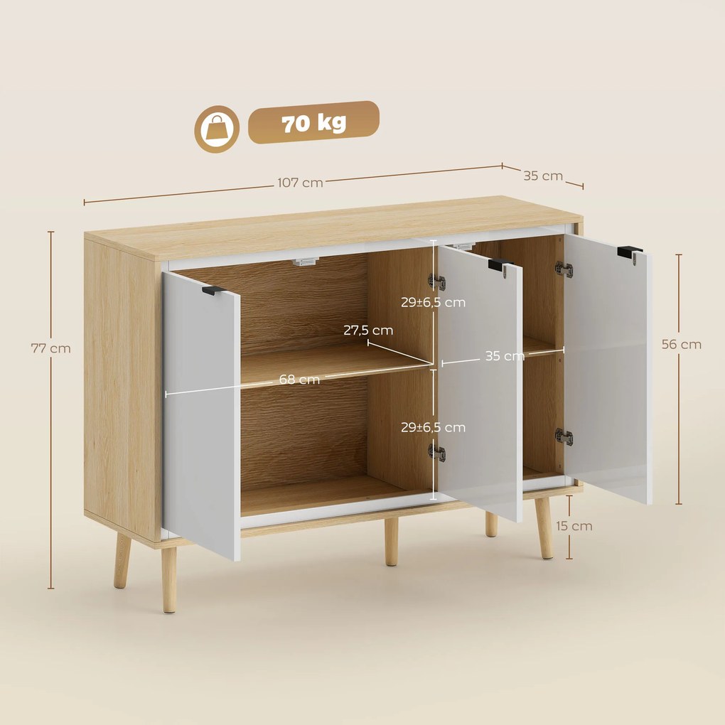 Aparador, móvel de arrumação com 3 portas 107 x 35 x 77 cm, prateleiras ajustáveis, , branco e cor carvalho