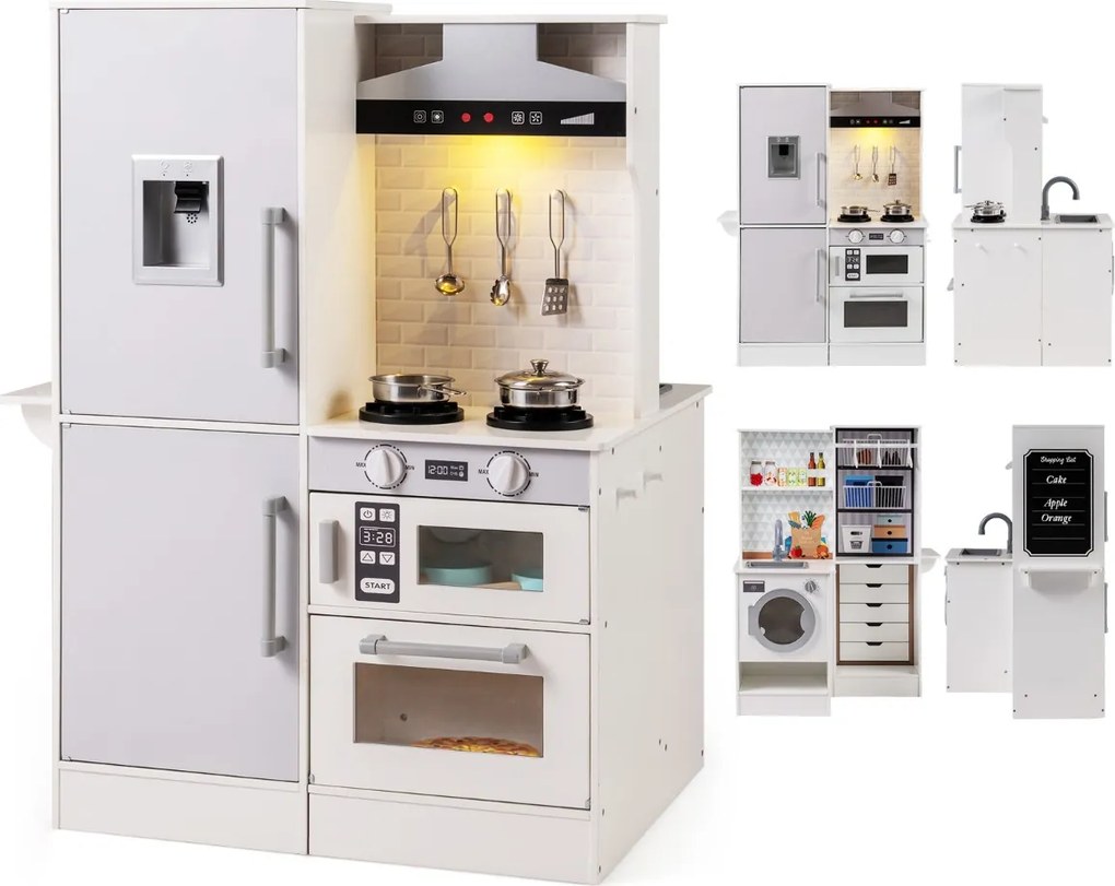 Cozinha de brincar dupla face em madeira 73 x 55 x 98 cm com dispensador de água, micro-ondas e utensílios simulados, luzes e sons, para maiores de 3