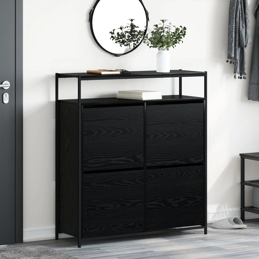 Gabinete de Sapatos com 4 Gavetas Basculantes Carvalho Preto 100x34x11