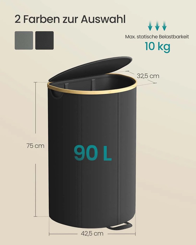 Cesto para roupa suja com tampa e saco removível 42,5 x 32,5 x 75 cm preto + bege natural