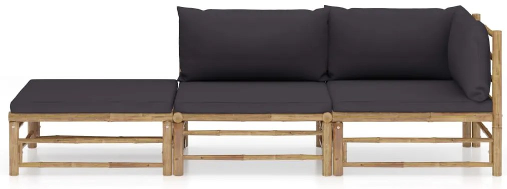 3 pcs conj. lounge jardim em bambu c/ almofadões cinza-escuro