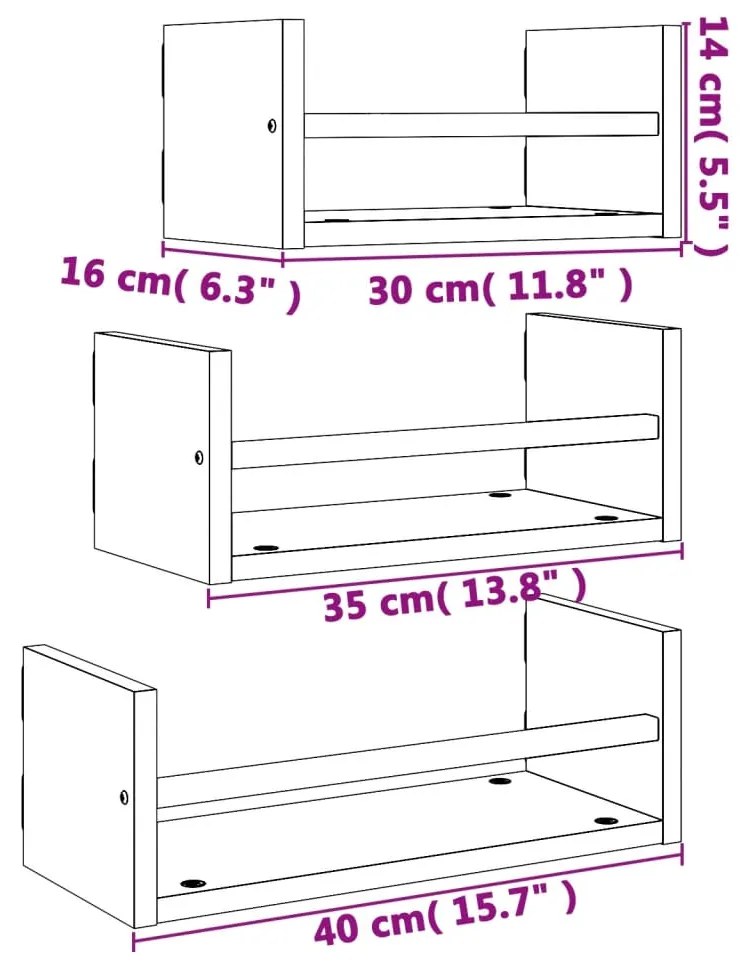 3pcs conj. prateleiras de parede c/ barras deriv. madeira preto