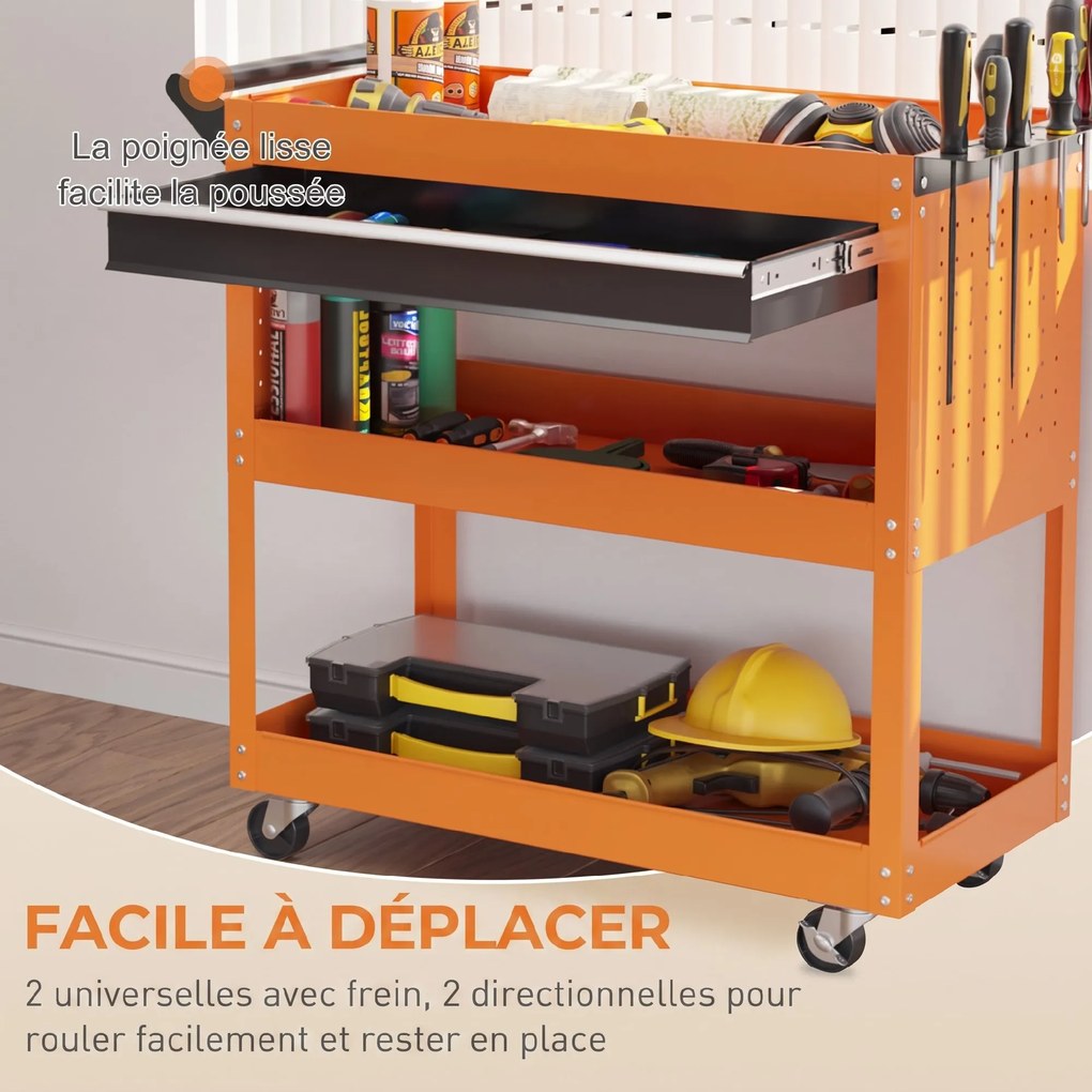 Carrinho de Ferramentas para Oficina, 82 x 35 x 76 cm, 3 Níveis, Laranja