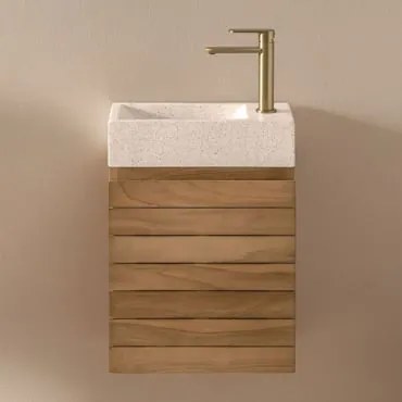 Conjunto De Móvel De Casa De Banho Suspenso Em Madeira De Teca Com Lavatório Integrado Em Cimento Napier Madeira De Teca & Sem - Sklum