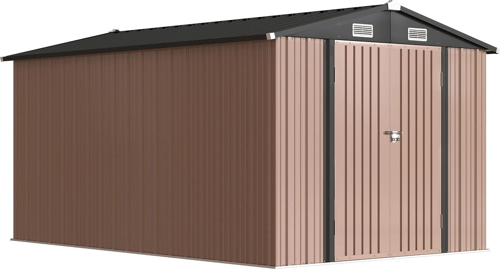 Outsunny Abrigo de Jardim em Metal 364x238 cm com 4 Aberturas de Ventilação e Portas Duplas com Fechadura Castanho | Aosom Portugal