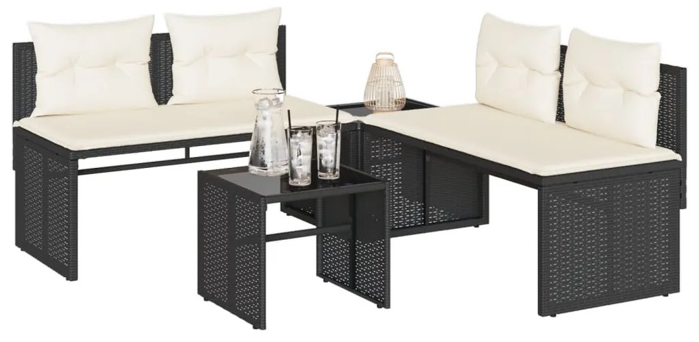 4 pcs conjunto de sofás para jardim c/ almofadões vime PE preto