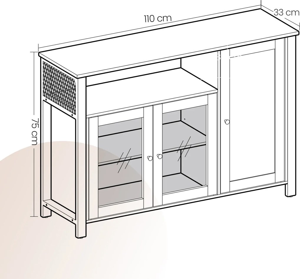 Aparador com 3 portas 110 x 33 x 75 cm, armário de cozinha, armário de arrumação Castanho-preto