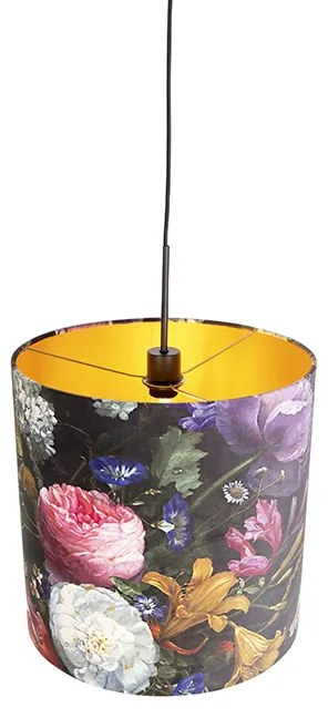 Candeeiro de suspensão com abajur de veludo flores com dourado 40 cm - Combi Clássico / Antigo
