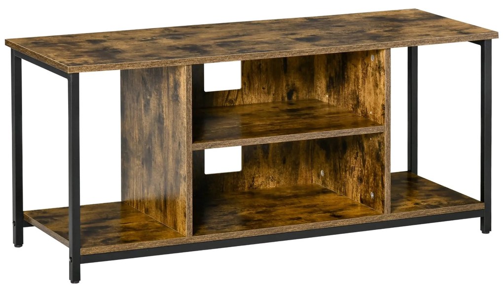 HOMCOM Móvel de TV até 55 Polegadas Móvel de TV Estilo Industrial com 4 Compartimentos Prateleira Ajustável e Orifício para Cabos 110x40x50cm Castanho Rústico