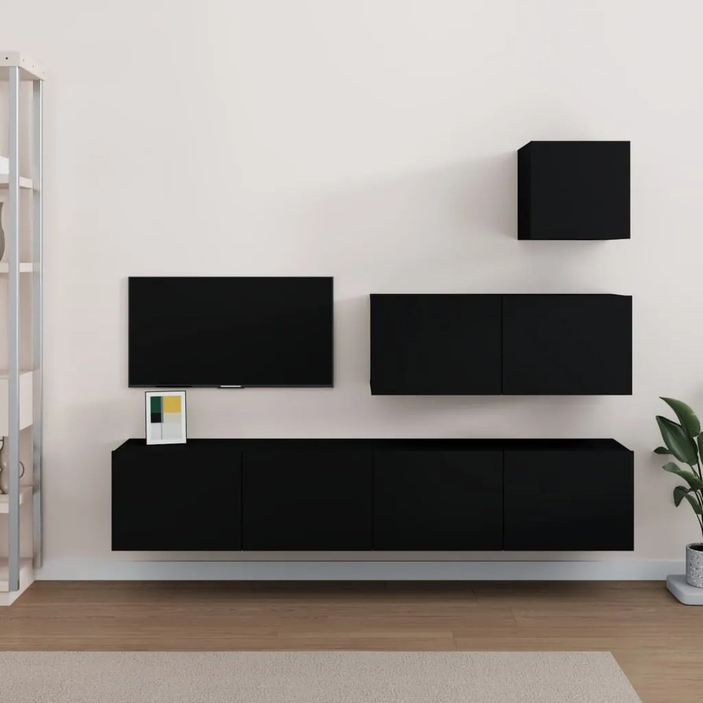 Conjunto móveis de TV 4 pcs madeira processada preto