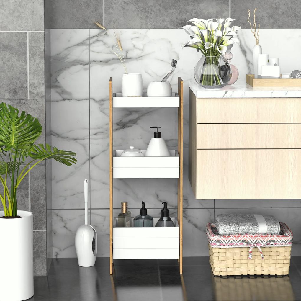 Móvel Auxiliar de banheiro com 3 Prateleiras Organizadoras de Bambu 27,5x20,8x74 cm Cor Branco e Natural