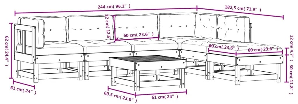 7pcs conjunto lounge jardim c/ almofadões madeira maciça branco