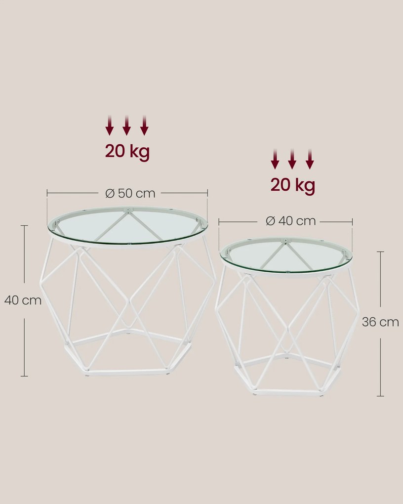 Conjunto de 2 mesas de sala de estar modernas em branco e transparente