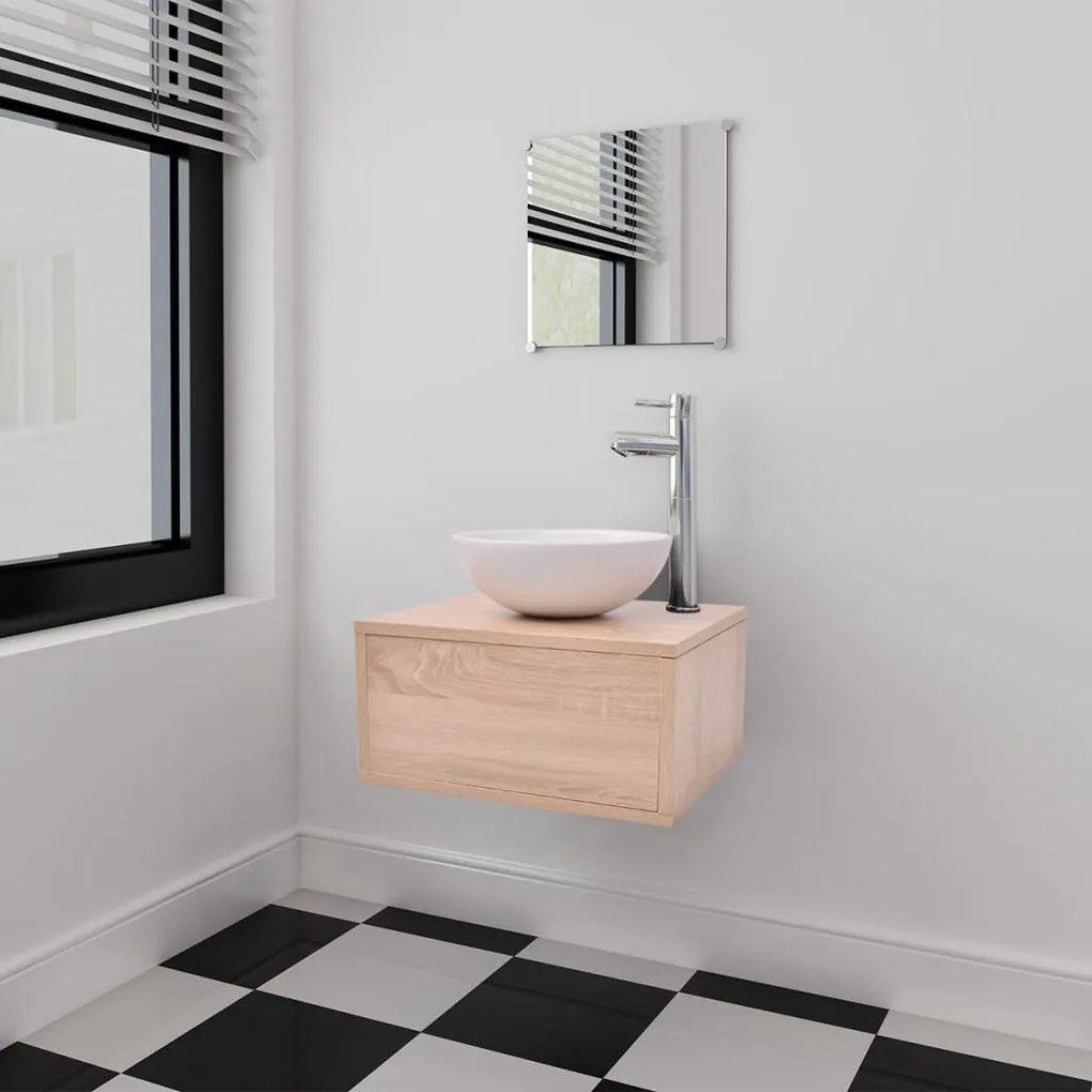 273686 vidaXL Conjunto móveis casa de banho 4 pcs com bacia e torneira, bege