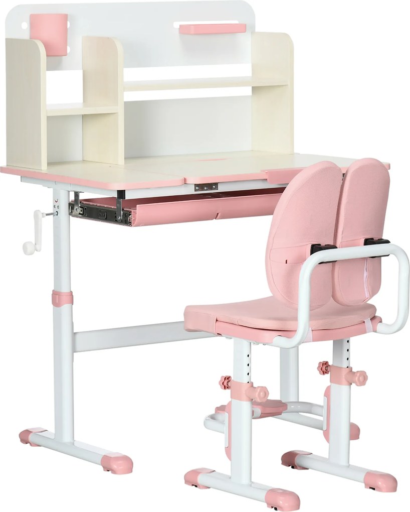 Conjunto de Secretária e Cadeira para Crianças com Altura Ajustável Gaveta Prateleiras e Bancada Inclinável 80x52x88-109 cm Rosa e Branco