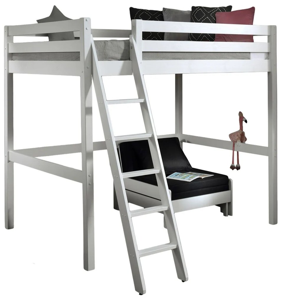 Conjunto Cama alta de Criança PINO 140 x 200 cm + estrado + escada + sofá-cama Branca