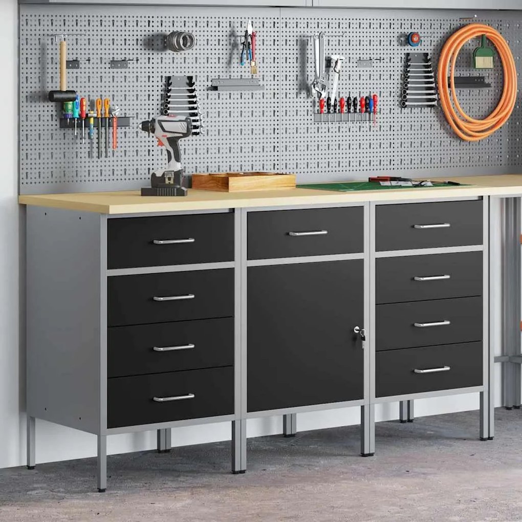 Conjunto de Armários de Trabalho VidaXL 3 Peças Preto e Cinza em Madei