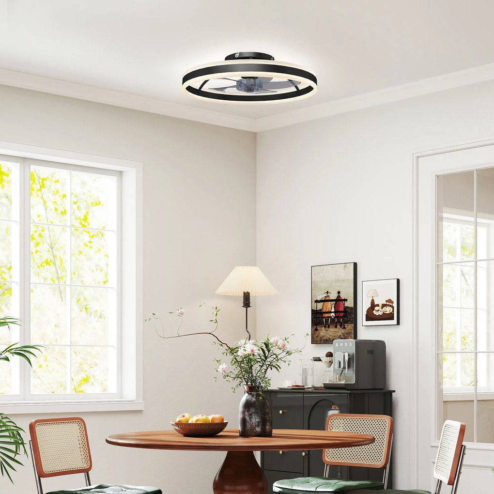 Ventoinha de Teto com Luz LED 6 Velocidades Motor Reversível e Comando Remoto Potência 45 W Ø50x13,5 cm Preto