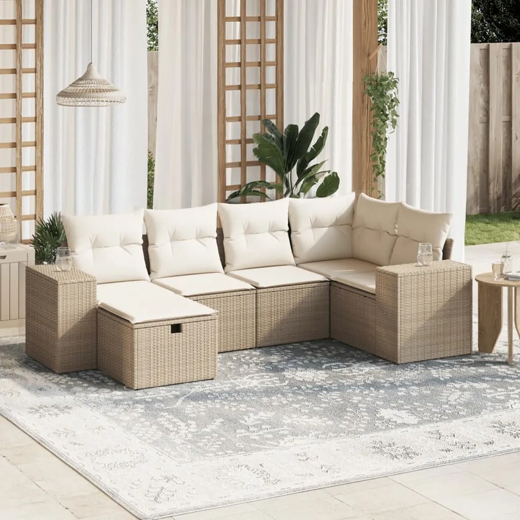 6 pcs conjunto de sofás p/ jardim com almofadões vime PE bege
