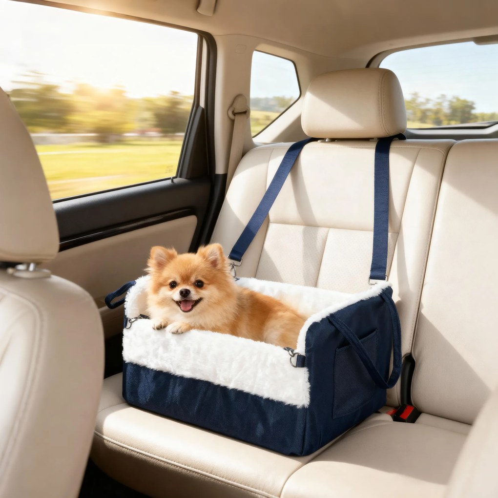 Cadeira auto para cães com cinto de segurança e sistema de fixação, cadeira auto para cães 55 x 46 x 32 cm azul-marinho
