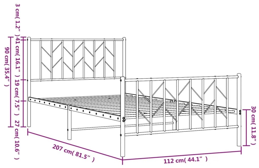 Estrutura de cama com cabeceira e pés 107x203 cm metal branco