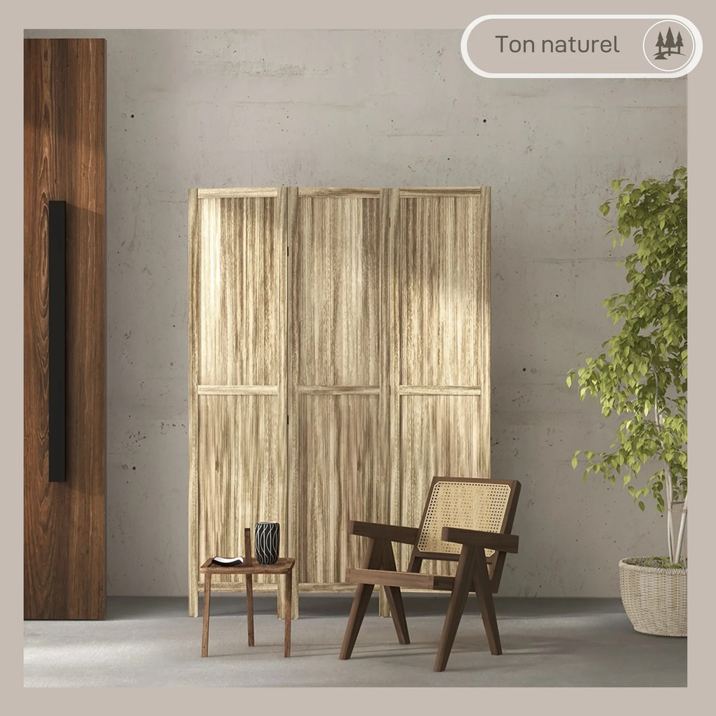 Biombo em madeira de paulownia, 3 painéis, 120 x 170 cm, divisória de ambientes, divisória dobrável - natural
