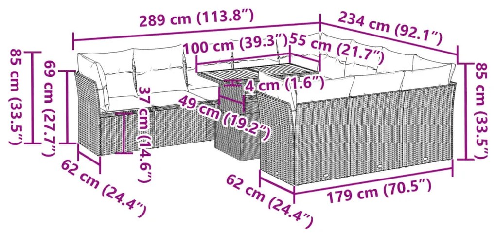 11 pcs conjunto sofás de jardim c/ almofadões vime PE preto