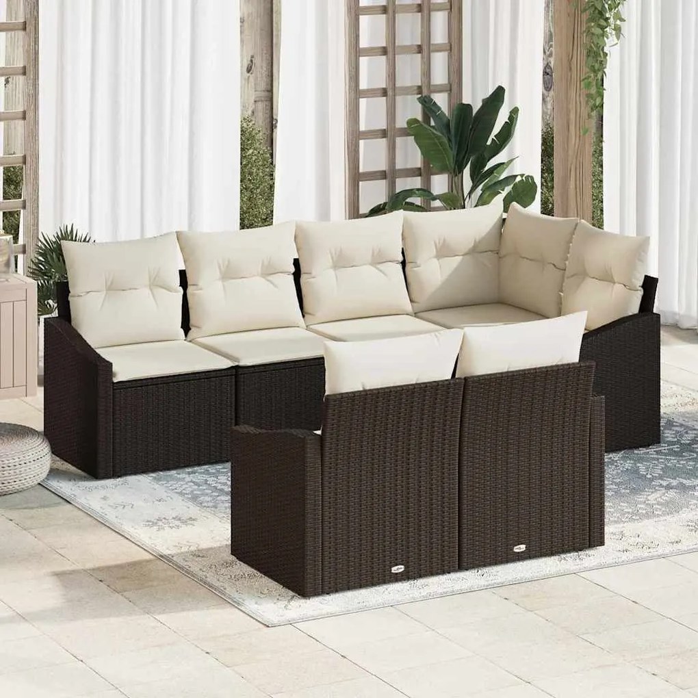 vidaXL Conjunto de sofá de jardim com 7 peças e almofadas marrons em rattan de poliéster.