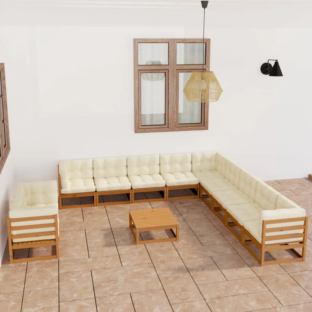 vidaXL 12 pcs conj. lounge jardim almofadões pinho maciço castanho mel