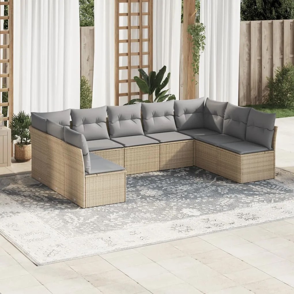 vidaXL 9 pcs conjunto de sofás p/ jardim com almofadões vime PE bege