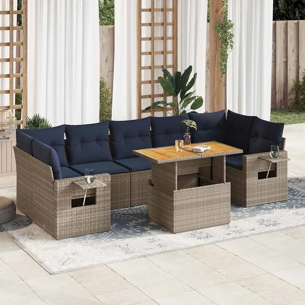 8 pcs conjunto sofás de jardim c/ almofadões vime PE cinzento
