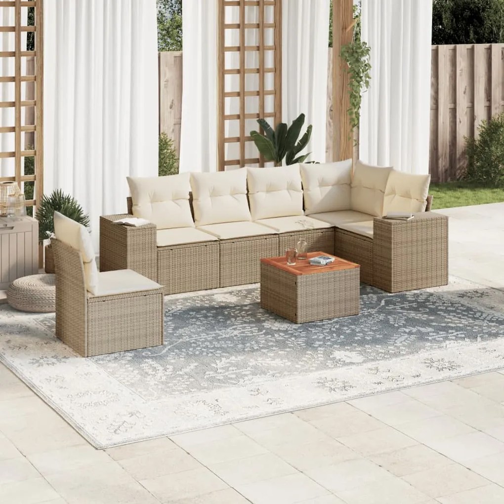 vidaXL 7 pcs conjunto de sofás p/ jardim com almofadões vime PE bege