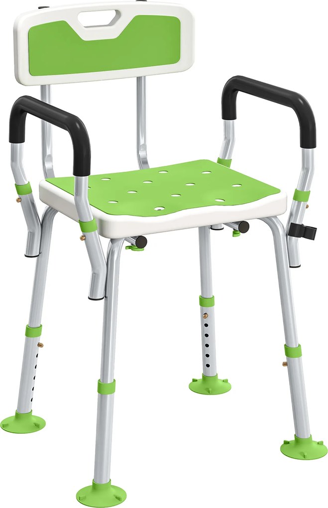 HOMCOM Banco de Duche Cadeira de Duche Ergonómica Altura Ajustável Pés Antiderrapantes 56,5x53,5x87 cm Branco e Verde | Aosom Portugal