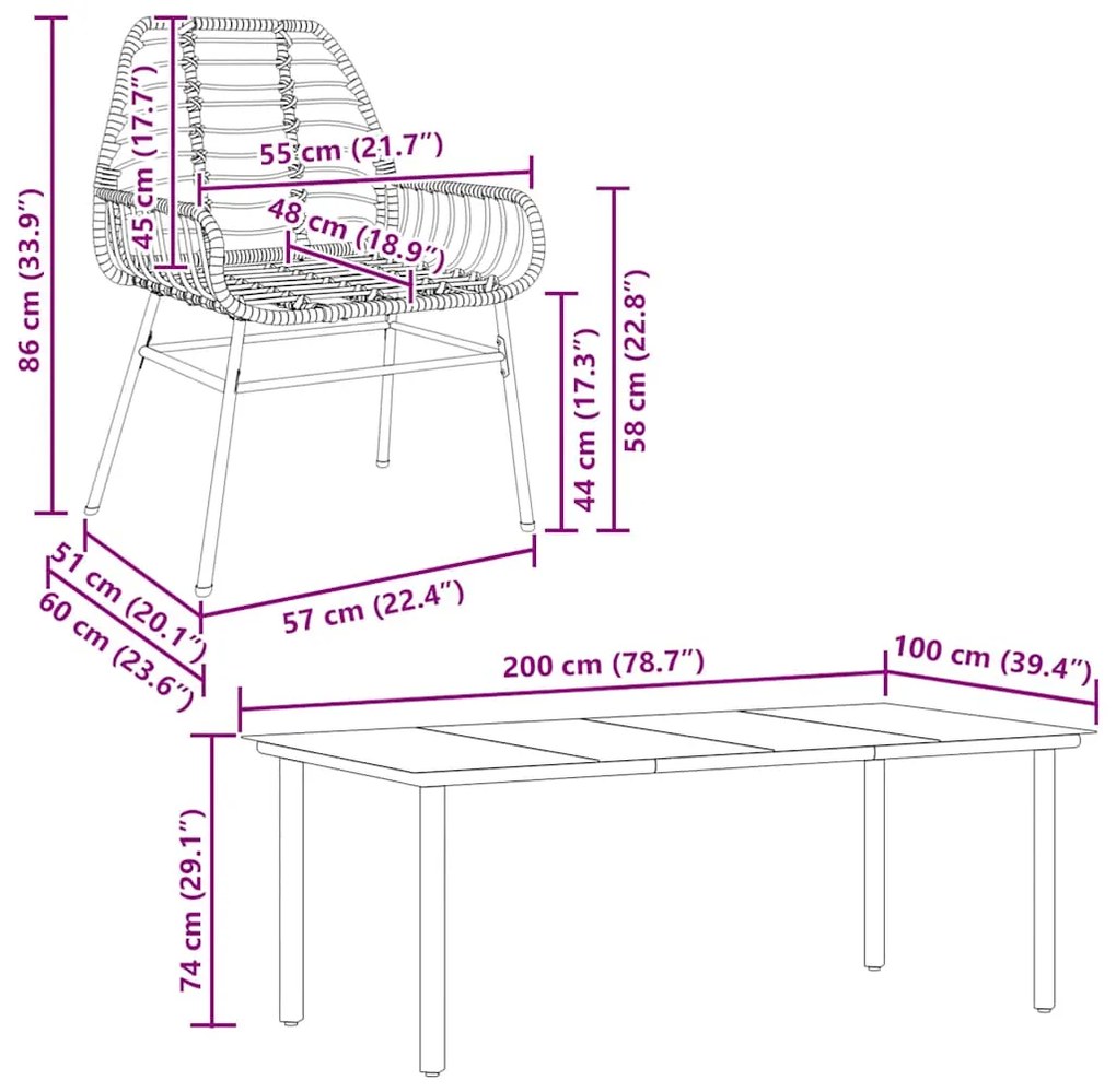 Conjunto jantar jardim 9 peças vidro vime PE castanho