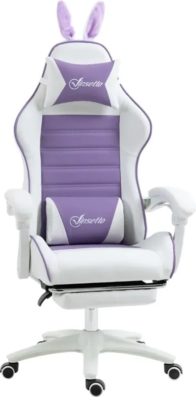 Cadeira Gaming Giratória de Couro PU com Altura Ajustável Inclinável 135° Apoio para a Cabeça 65x63x136-142 cm Branco e Roxo