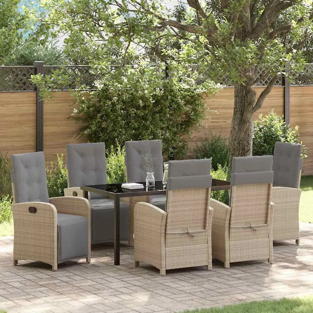 vidaXL Conjunto de Jantar para o Jardim com 7 Peças e Almofadas Bege de Rattan Sintético