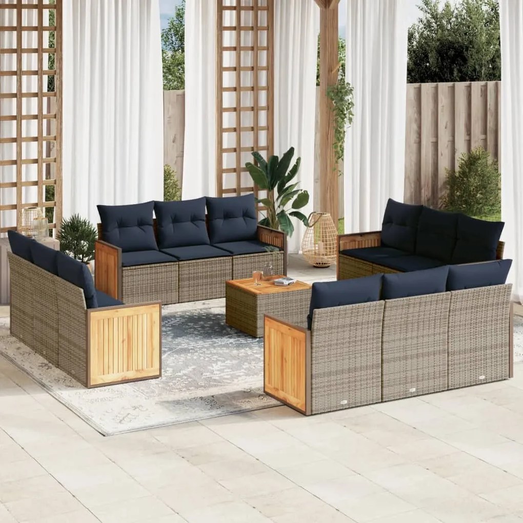 vidaXL 13 pcs conjunto sofás p/ jardim c/ almofadões vime PE cinzento