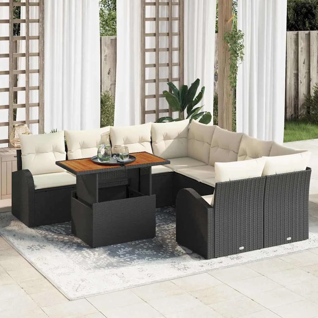 vidaXL Conjunto de Sofá de Jardim com almofada 9 pcs Preto e creme