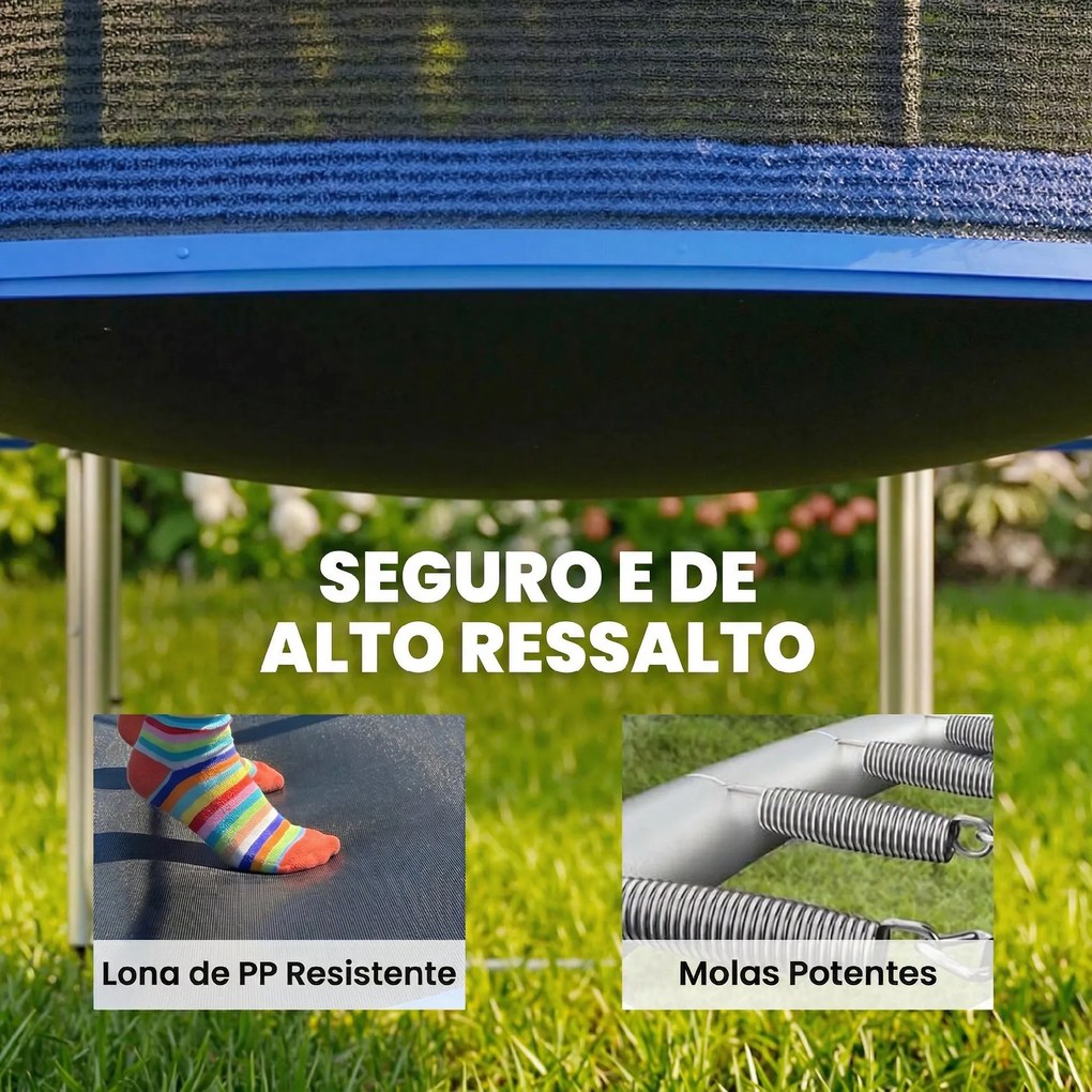 Trampolim para Crianças Exterior Ø366 cm com Rede de Segurança Escada Acolchoamento de Molas Azul