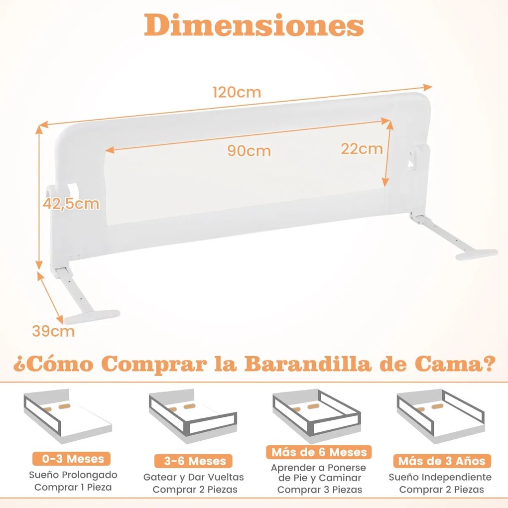 Barra segurança Cama para bebés dobrável Cama de solteiro Cama de casal 120 x 40,5 x 42 cm Branco