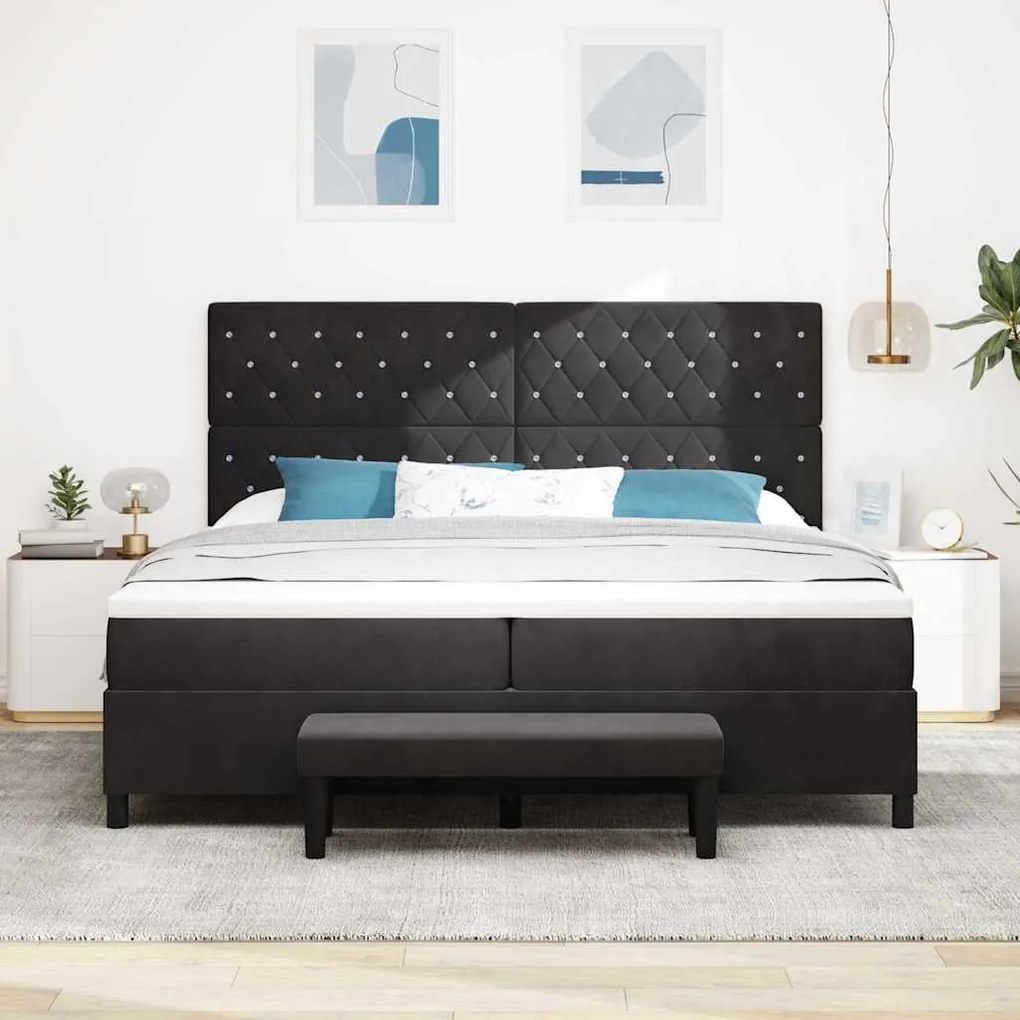 Cama Box Spring da com Colchão e Banco Preto 200x200 cm Veludo