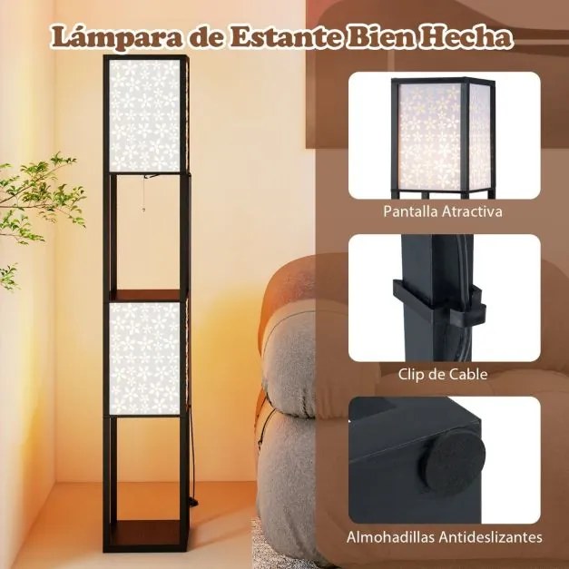 Candeeiro de pé e prateleiras de madeira 26 x 26 x 156 cm com 2 abajures com padrões recortados Luz independente com puxador e interruptor preto