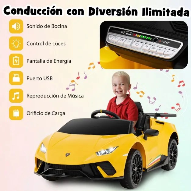 Carro Elétrico Lamborghini Licenciado para Crianças 12V com Controlo Remoto Luzes LED Música Buzina Arranque Suave Amarelo