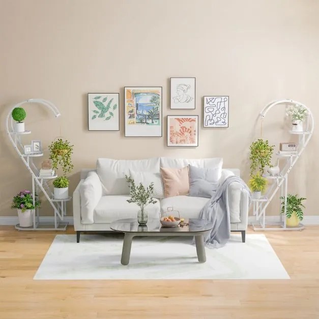 Conjunto de 2 suportes metálicos de 5 níveis para plantas com escada em forma de coração e gancho para pendurar 71 x 30,5 x 148 cm Brancos