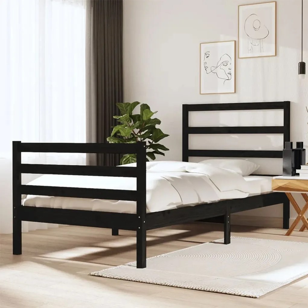 Estrutura de cama pequena solteiro 75x190 cm pinho maciço preto