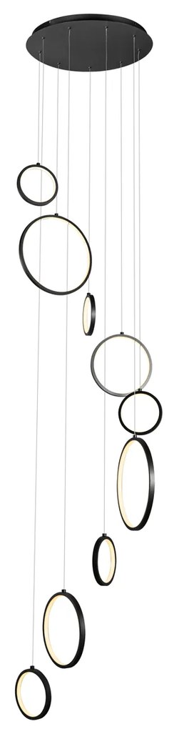 Candeeiro suspenso de design preto com 9 luzes LED regulável em 3 níveis - Vide Anella Moderno