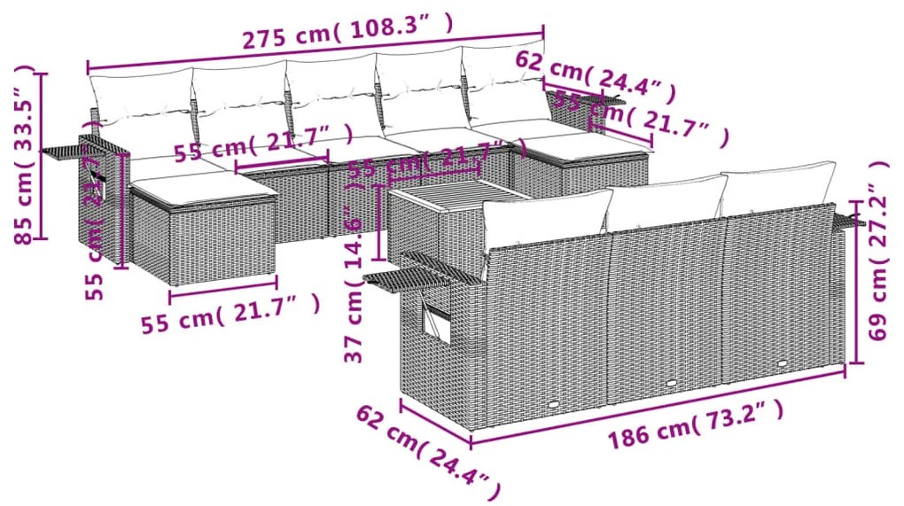 11 pcs conjunto sofás de jardim c/ almofadões vime PE cinzento