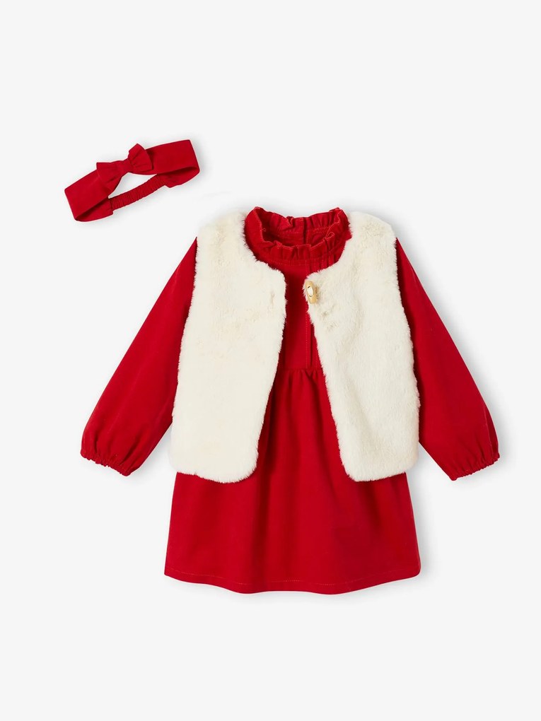Conjunto de Natal: vestido, colete em imitação pelo, collants e fita de cabelo a condizer, para bebé vermelho