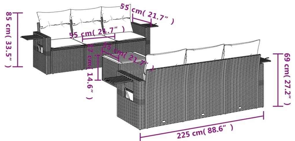 7 pcs conjunto de sofás p/ jardim c/ almofadões vime PE preto