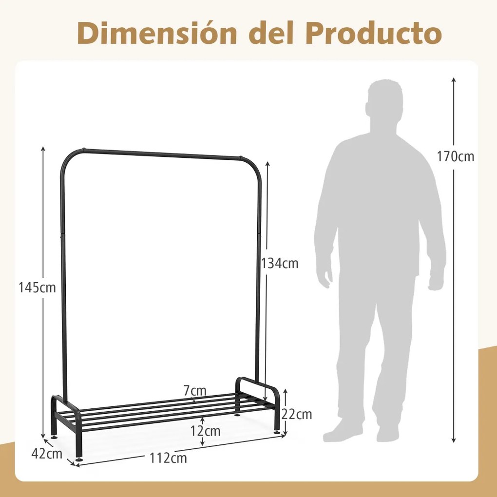 Cabide de metal com barra superior e prateleira de armazenamento 112 x 42 x 145 cm preto